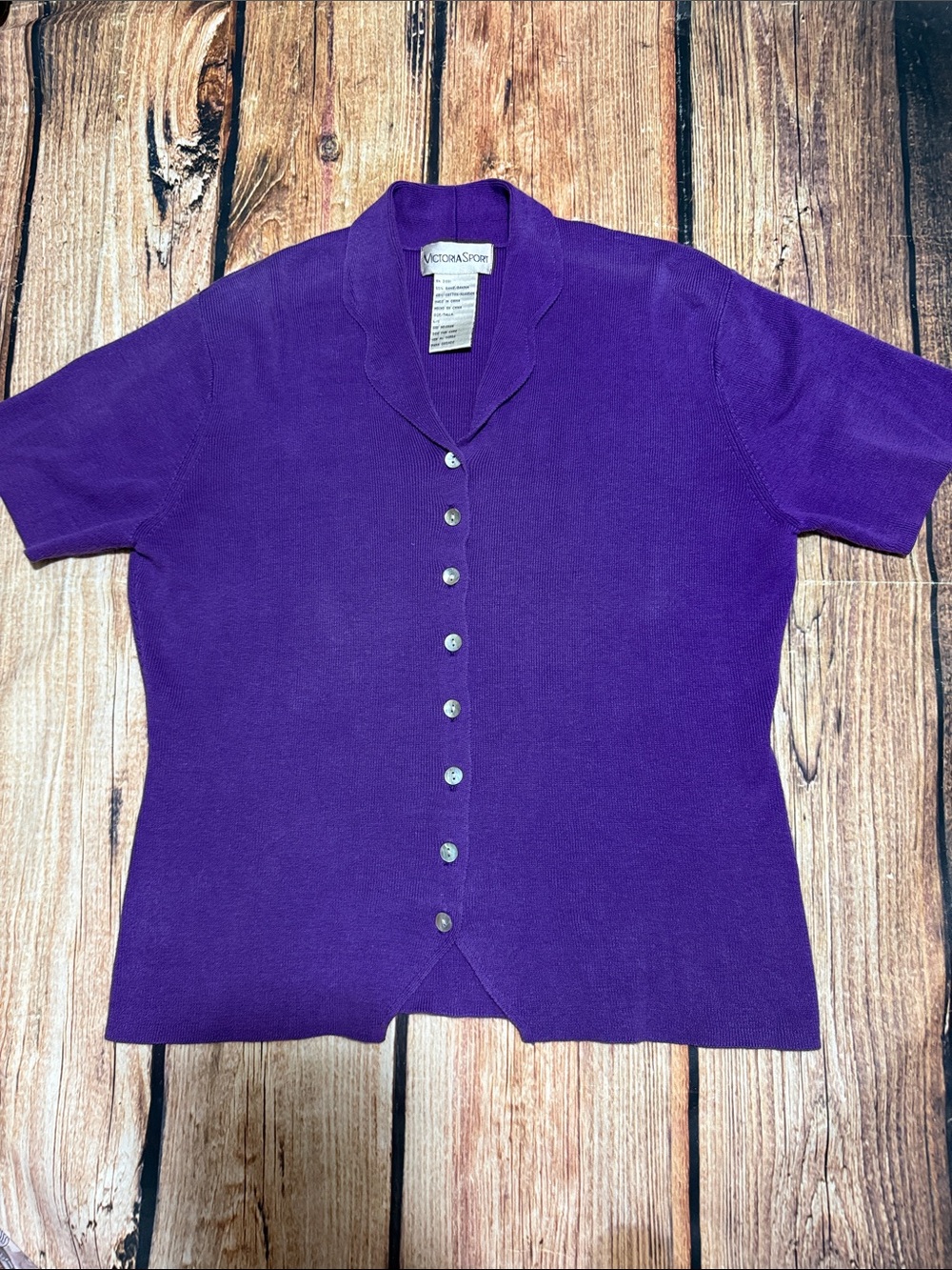 Vintage Victoria Sport Purple Short Sleeve Button Down Knit Sweater Top L
